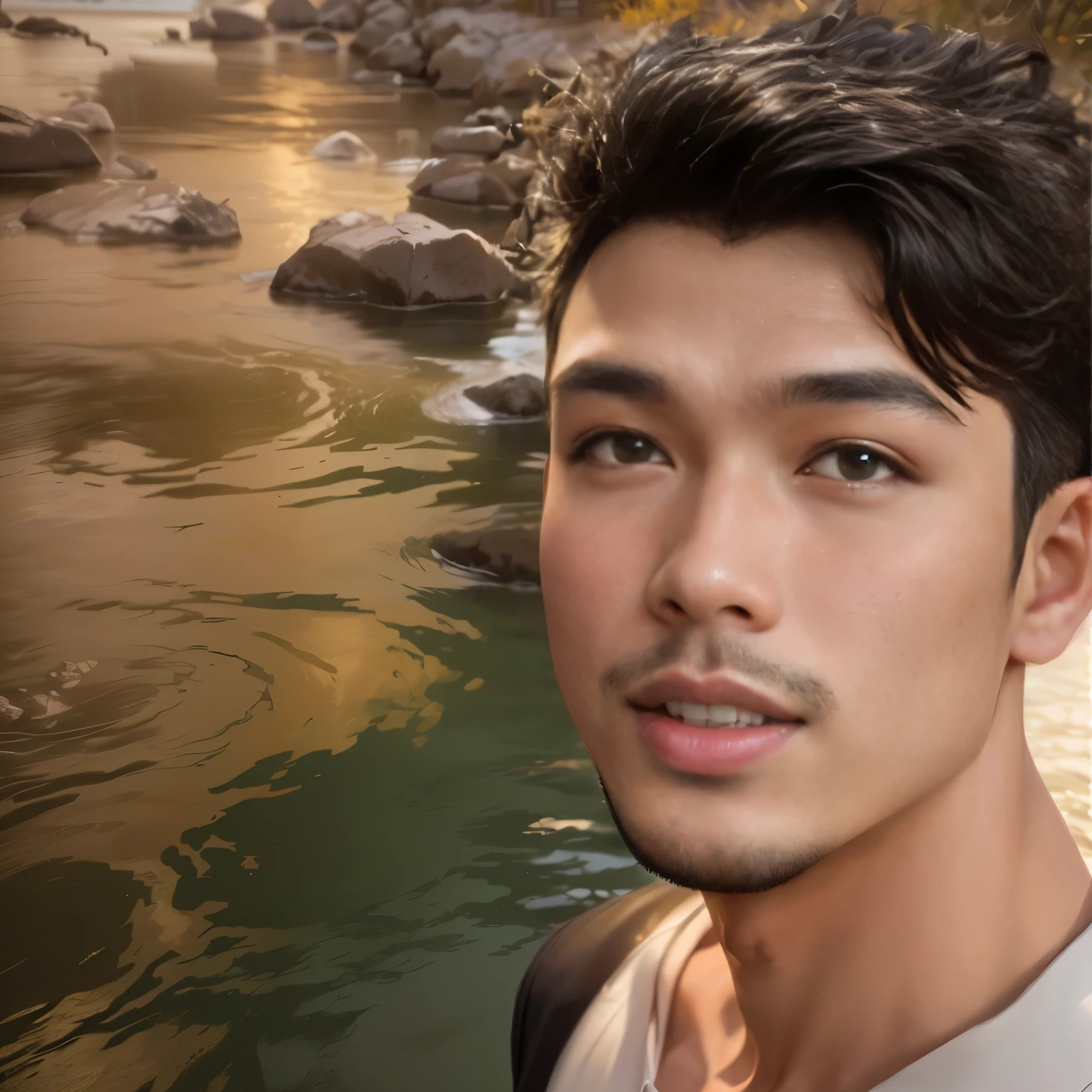 there is a man that is standing in front of a river, nivanh chanthara, profile pic, thawan duchanee, ayan nag, profile picture 1024px, picture,  profile picture, cute korean boy, profile picture, with accurate face, ramil sunga, selfie photo, headshot profile picture, good looking face, portait photo profile picture