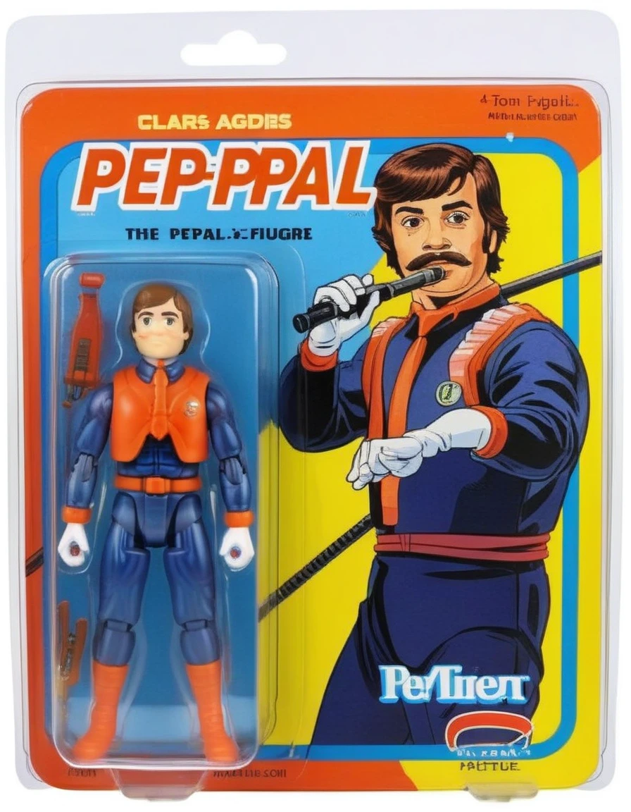 A meticulously detailed, photo-realistic image of a pepespal action figure, packaged in a vibrant box. The packaging prominently features a cartoon illustration of pepespal on one side, characterized by exaggerated features and a signature expression. Beside the cartoon, a clear window panel reveals the action figure, a precise replica, with distinct detailing and accurate coloring. The figure's attire mirrors pepespal iconic suit and tie ensemble, complete with miniature accessories. The background of the box displays elements symbolic of pepespal presidency, subtly enhancing the collectible's thematic appeal