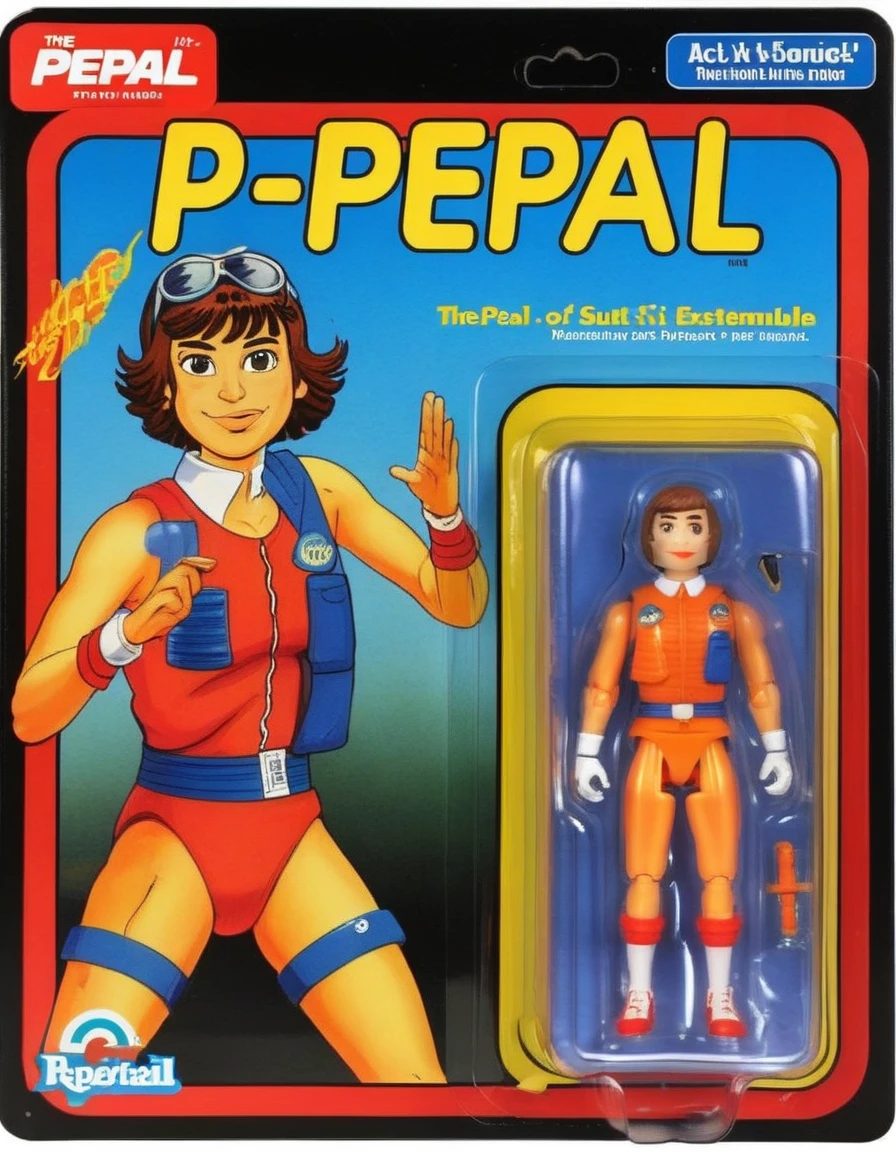 A meticulously detailed, photo-realistic image of a pepespal action figure, packaged in a vibrant box. The packaging prominently features a cartoon illustration of pepespal on one side, characterized by exaggerated features and a signature expression. Beside the cartoon, a clear window panel reveals the action figure, a precise replica, with distinct detailing and accurate coloring. The figure's attire mirrors pepespal iconic suit and tie ensemble, complete with miniature accessories. The background of the box displays elements symbolic of pepespal presidency, subtly enhancing the collectible's thematic appeal