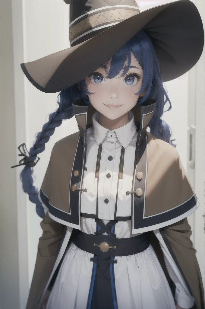 masterpiece, (photorealistic:1.4), best quality, beautiful lighting,

roxy migurdia, 1girl, bangs, blue eyes, blue hair, blush, braid, brown cape, brown capelet, brown headwear, cape, capelet, collared shirt, crossed bangs, dress, hair between eyes, hat, long braid, long hair, long sleeves, looking at viewer, shirt, simple background, smile, solo, tsurime, twin braids, upper body, white background, white dress, witch hat, ((masterpiece))

, intricate details, natural light, RAW photo, 8k uhd, film grain 