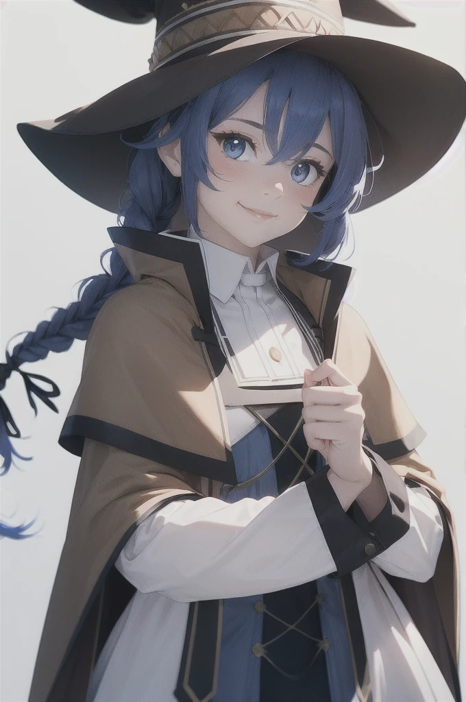 masterpiece, (photorealistic:1.4), best quality, beautiful lighting,

roxy migurdia, 1girl, bangs, blue eyes, blue hair, blush, braid, brown cape, brown capelet, brown headwear, cape, capelet, collared shirt, crossed bangs, dress, hair between eyes, hat, long braid, long hair, long sleeves, looking at viewer, shirt, simple background, smile, solo, tsurime, twin braids, upper body, white background, white dress, witch hat, ((masterpiece))

, intricate details, natural light, RAW photo, 8k uhd, film grain 