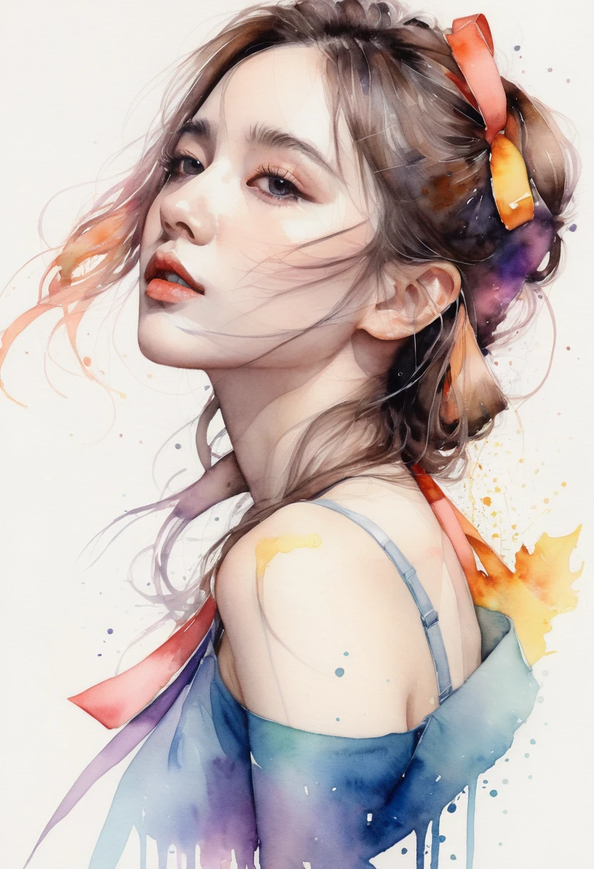 (8k, best quality, masterpiece:1.2),(best quality:1.0), (ultra highres:1.0), watercolor, a beautiful woman, shoulder, hair ribbons, by agnes cecile, half body portrait, extremely luminous bright design, pastel colors, (ink:1.3), autumn lights,
