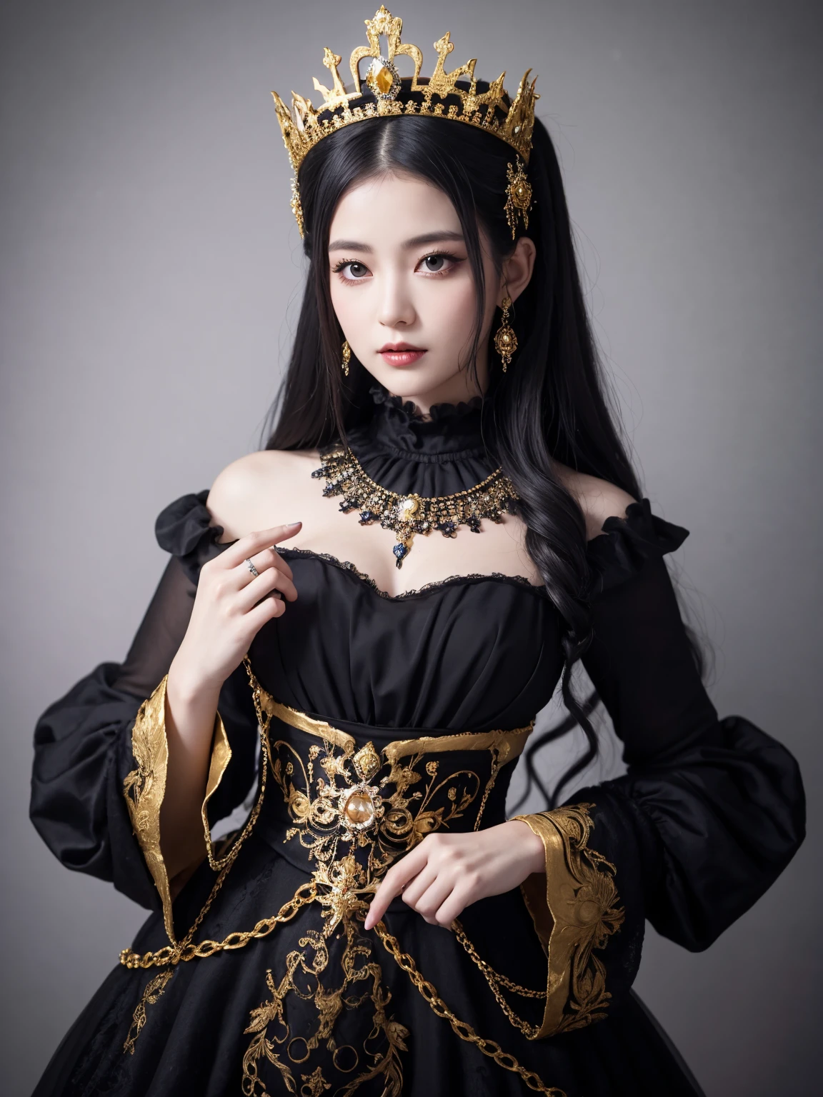 Woman wearing a black and white dress and a gold crown, beautiful fantasy empress, ((beautiful fantasy empress)), Gothic Regal, Rococo Queen (Rococo Queen), royal elegant pose, gothic princess portrait, Beautiful vampire female queen, Elegant Gothic princess, ornate cosplay, The Lovely Queen, beautiful and elegant devil queen, Guweiz masterpiece, Surreal Fantasy Tiara
