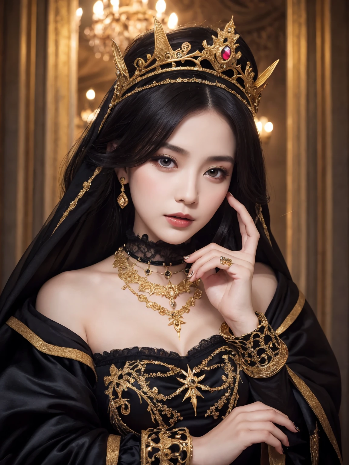 Woman wearing a black and white dress and a gold crown, beautiful fantasy empress, ((beautiful fantasy empress)), Gothic Regal, Rococo Queen (Rococo Queen), royal elegant pose, gothic princess portrait, Beautiful vampire female queen, Elegant Gothic princess, ornate cosplay, The Lovely Queen, beautiful and elegant devil queen, Guweiz masterpiece, Surreal Fantasy Tiara