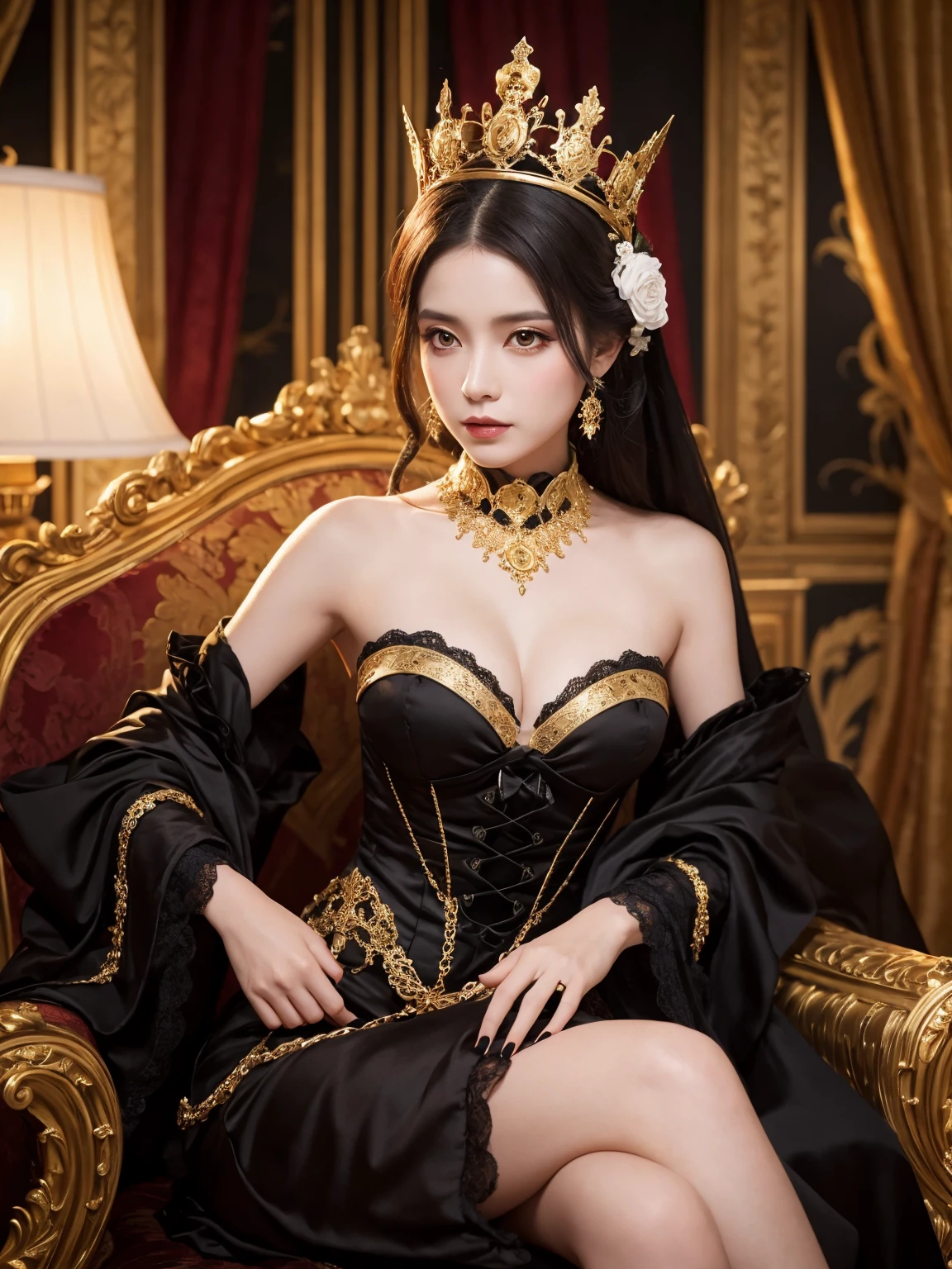 Woman wearing a black and white dress and a gold crown, beautiful fantasy empress, ((beautiful fantasy empress)), Gothic Regal, Rococo Queen (Rococo Queen), royal elegant pose, gothic princess portrait, Beautiful vampire female queen, Elegant Gothic princess, ornate cosplay, The Lovely Queen, beautiful and elegant devil queen, Guweiz masterpiece, Surreal Fantasy Tiara