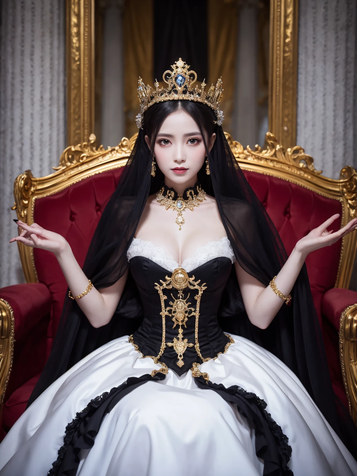 Woman wearing a black and white dress and a gold crown, beautiful fantasy empress, ((beautiful fantasy empress)), Gothic Regal, Rococo Queen (Rococo Queen), royal elegant pose, gothic princess portrait, Beautiful vampire female queen, Elegant Gothic princess, ornate cosplay, The Lovely Queen, beautiful and elegant devil queen, Guweiz masterpiece, Surreal Fantasy Tiara