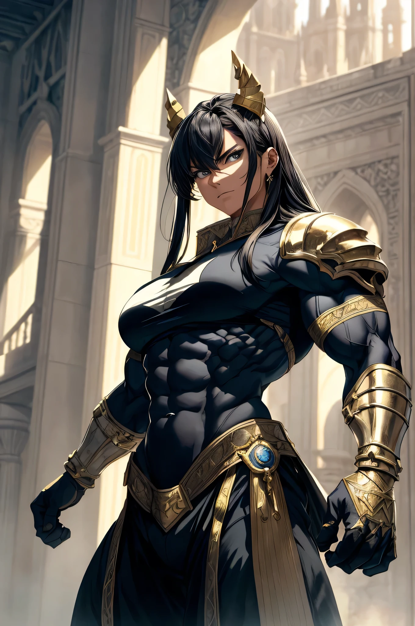 (Best lighting) , (Very intricate details) , 4K Integration, (Super fine CG: 1.2) , (8K: 1.2),(original), (masterpiece) , (Highest quality),(masterpiece:1.4),Anime-ish high quality,(masterpiece),masterpiece, Highest quality, Absurd,((Masterpiece, 4K, 8K, High resolution)),(masterpiece), (Highest quality), (Super detailed), (Very delicate and beautiful), ((Cowboy Shot)), woman1名,
, ((bodybuilder:1.5)),Temple Background,(Beautiful base),((woman)),((Woman warrior)),(((Upper Body:1))),from frontknight girl,Brave and resolute attitude,Shining Armor,Sword in hand,Metal armor,Castle Background,medieval setting,Soft sunlight,Brave pose,Strength and elegance,Solemn atmosphere,Sharp Eye,Powerful aura,Stoic expression,Determined jawline,royal coat of arms,Huge muscular physique,Protruding veins,Super Strength、Graceful Movement,A commanding presence,Golden shades,Dynamic configuration,Vibrant colors,Perfect balance,Light and shadow contrast,Down to the smallest thread,Sharpen highlights and shadows,Impressive level textures,Sharp focus,Rich and realistic backgrounds,Magnificence and grandeur,Heroine of the Kingdom,Legendary Warrior,Inspiring and majestic,Dignified and fierce,Guardian of the kingdom,Unstoppable courage,Divine Destiny,Indomitable spirit,Unforgettable beauty,Unwavering Strength