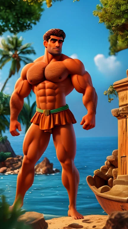 The strong muscular and handsome god Hercules kissing a tall handsome muscular Greek man wearing a fishing shirt on a boat in the middle of the sea near a reef