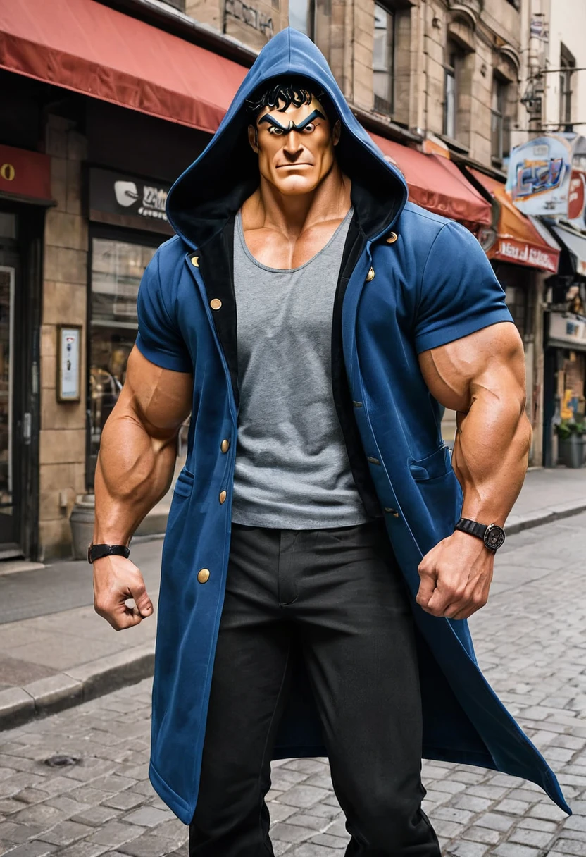"Imagine an imposing, muscular figure, mixing characteristics of Escanor, Hulk e Brutus (Popeye), wearing a hooded coat. He walks confidently through the streets, the hood is over your head while the coat is open, revealing his powerful arms and robust physique worthy of a bodybuilder. The scene is marked by the dominant presence and unique mix of iconic characteristics of these characters.. Man in his 30s with a lumberjack beard and black hair"