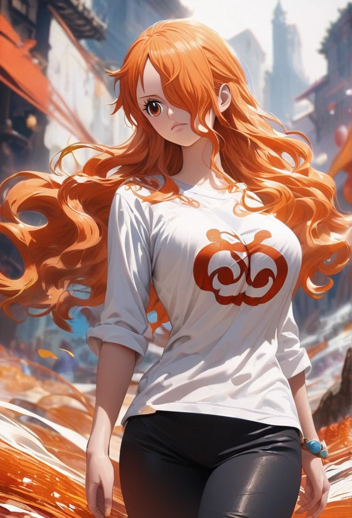 masterpiece, best quality), intricate details, 1 girl, woman, orange hair, nami \ (one piece\), (long hair), shirt, ((white shirt, black pant, black court)) female focus, nature, scenery, upper body, ((front view)) ((close up shot)) ((solo)) ((hair over one eyes)) detailed, very high resolution, no blurry image, full body, orange eyes, sligh wavy hair, ((nami from one piece)) ((female nami from one piece))((front view))