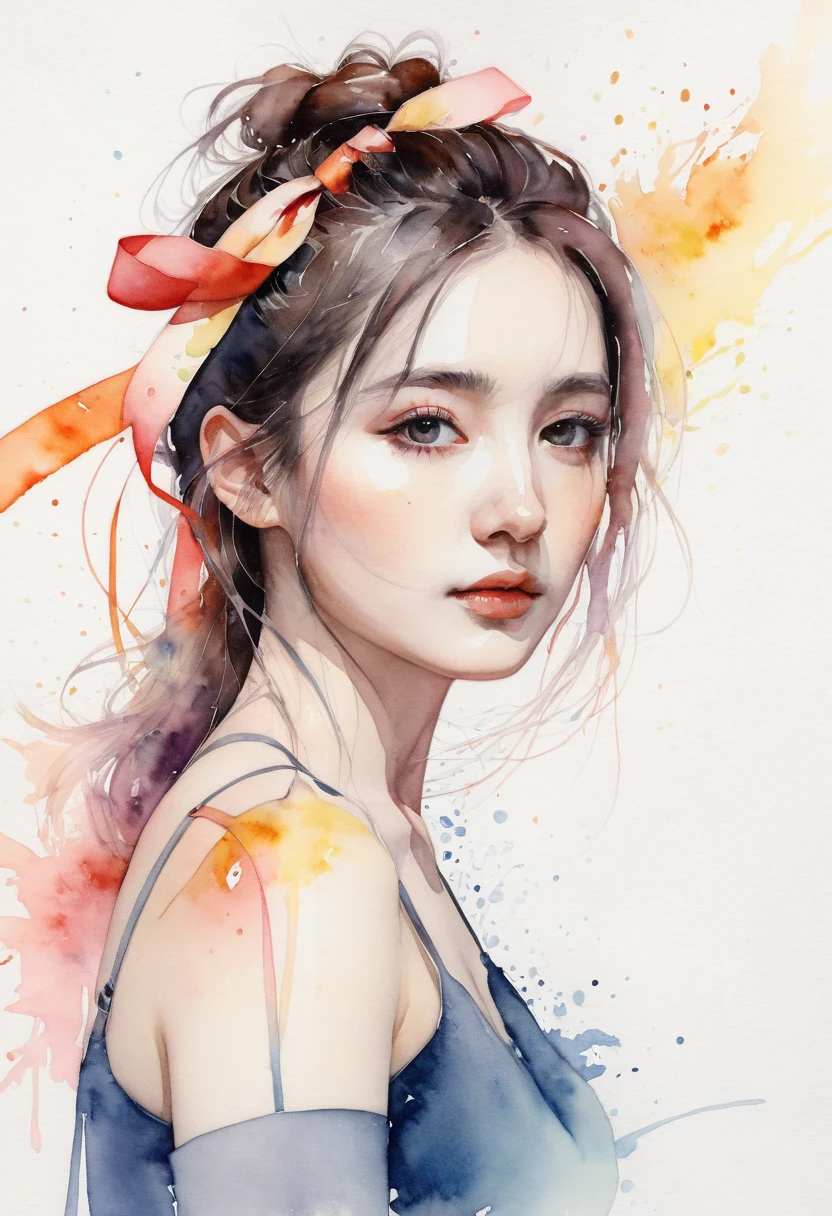 (8k, best quality, masterpiece:1.2),(best quality:1.0), (ultra highres:1.0), watercolor, a beautiful woman, shoulder, hair ribbons, by agnes cecile, half body portrait, extremely luminous bright design, pastel colors, (ink:1.3), autumn lights,
