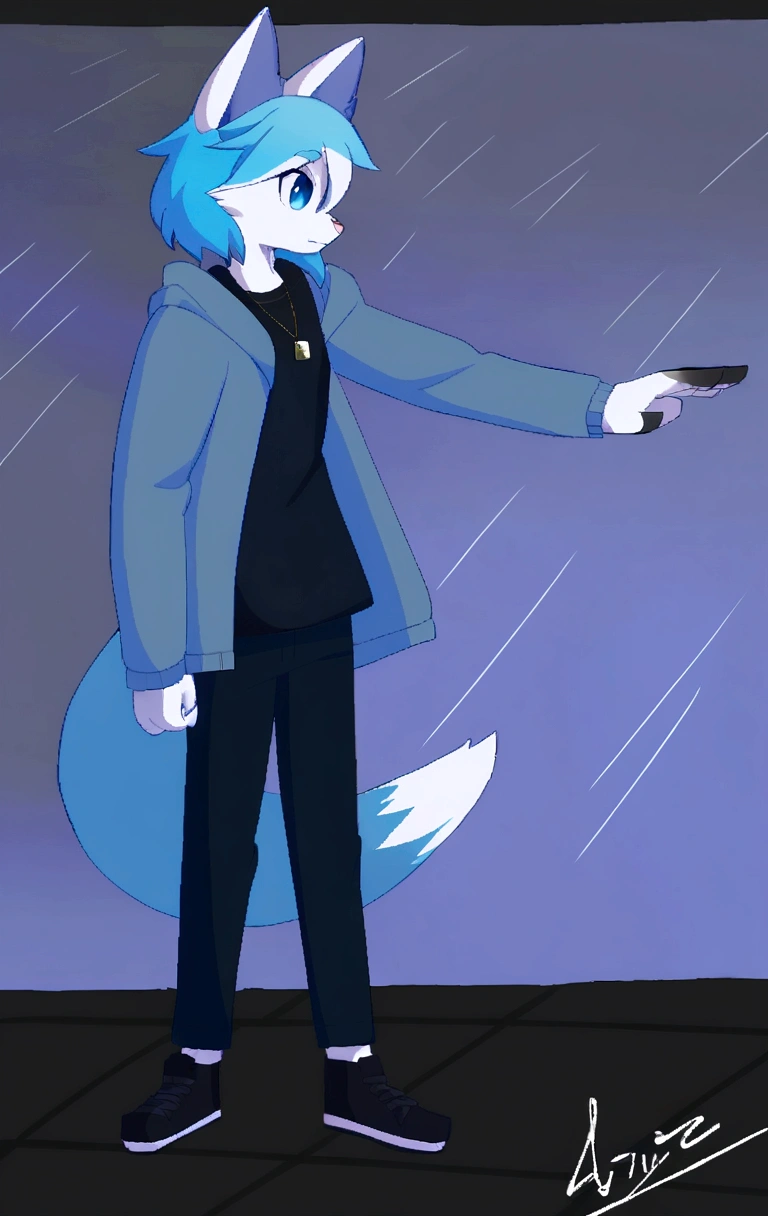 Anime furry, light blue and white fur, blue hair with white accents, cat style, kemono style, 2D anime style wearing blue sweatshirt and black sneakers with white line pattern, wearing a light blue hoodie over a black shirt, with a small square pendant necklace, Single character full body, 2 d style, full body adoptable, full body single character, 2d anime, full body portrait of a short!, full body character, anime style character, Anime boy.