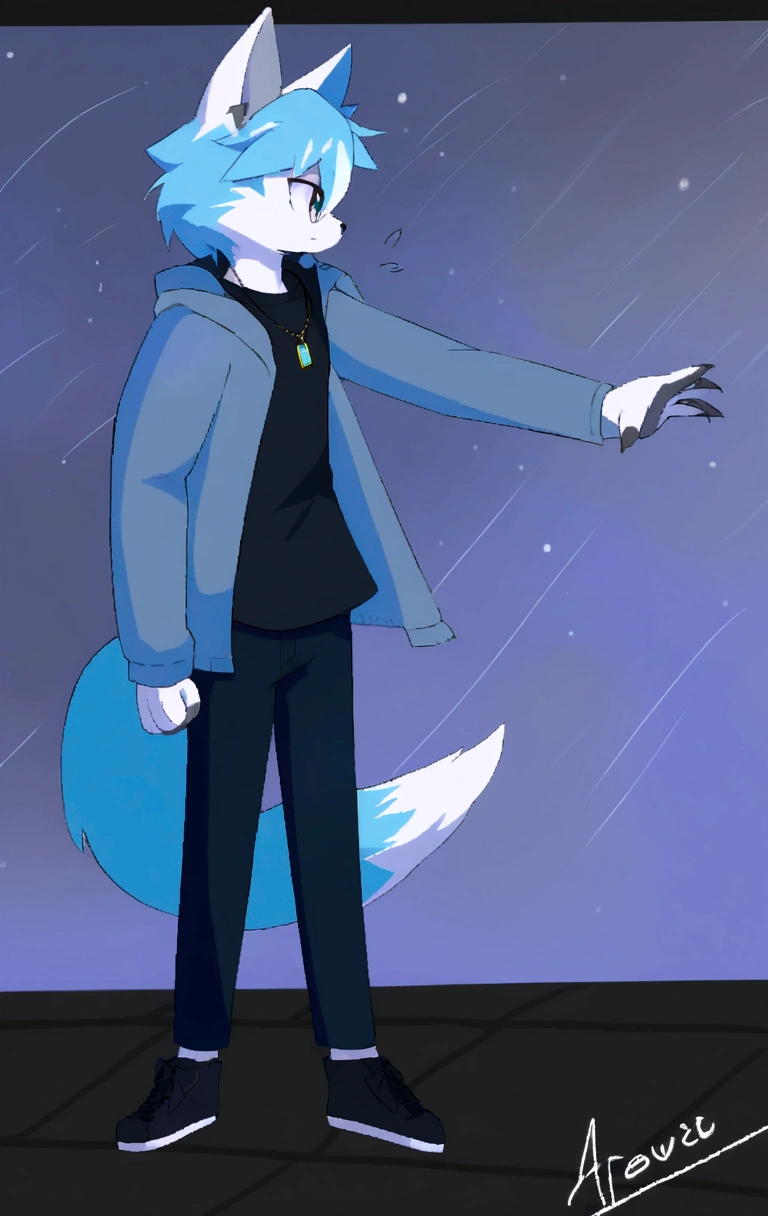 Anime furry, light blue and white fur, blue hair with white accents, cat style, kemono style, 2D anime style wearing blue sweatshirt and black sneakers with white line pattern, wearing a light blue hoodie over a black shirt, with a small square pendant necklace, Single character full body, 2 d style, full body adoptable, full body single character, 2d anime, full body portrait of a short!, full body character, anime style character, Anime boy.