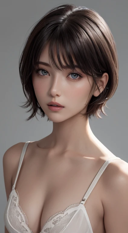 8K Ultra HD、RAWphotograph、モデルphotograph撮影、 European laces、(masterpiece、Highest quality、Realistic、High resolution、photograph:1.3)、close、focus on、Hot Model、slim、30 year old mature woman、Small face、No makeup、short hair、Beautiful dark brown Hayne eyes、Real Skin、(Perfect body)、Beautiful eyes in every detail、Glossy Lips、Small breasts、Small breasts、Bust B cup、Realistic details、Cool Beauty、Cool pose、Background gray、Plain gray background、