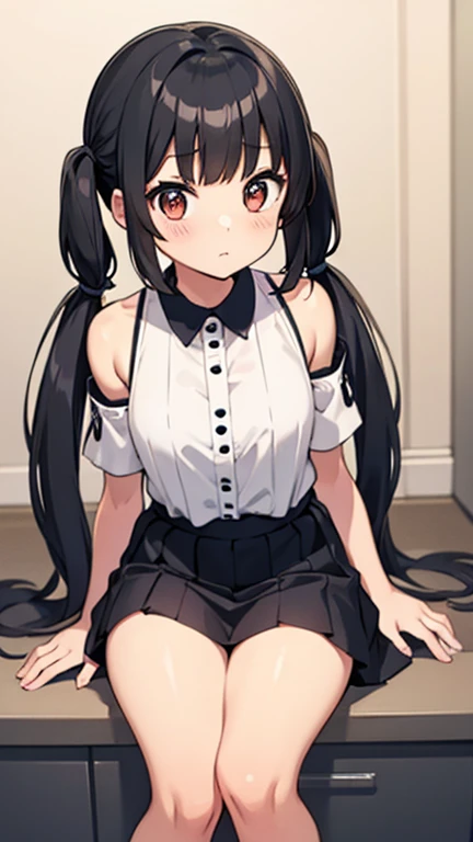 One girl、long hair up to the knees、High resolution、Cheerful child、Wearing revealing clothes、The hair antennae are long、Breasts are very small、Stylish、Long bangs、Popular in the class、Black Hair、Sitting on the floor、I see her long hair on the floor、High twin tails、Lolicon、、Being in elementary school