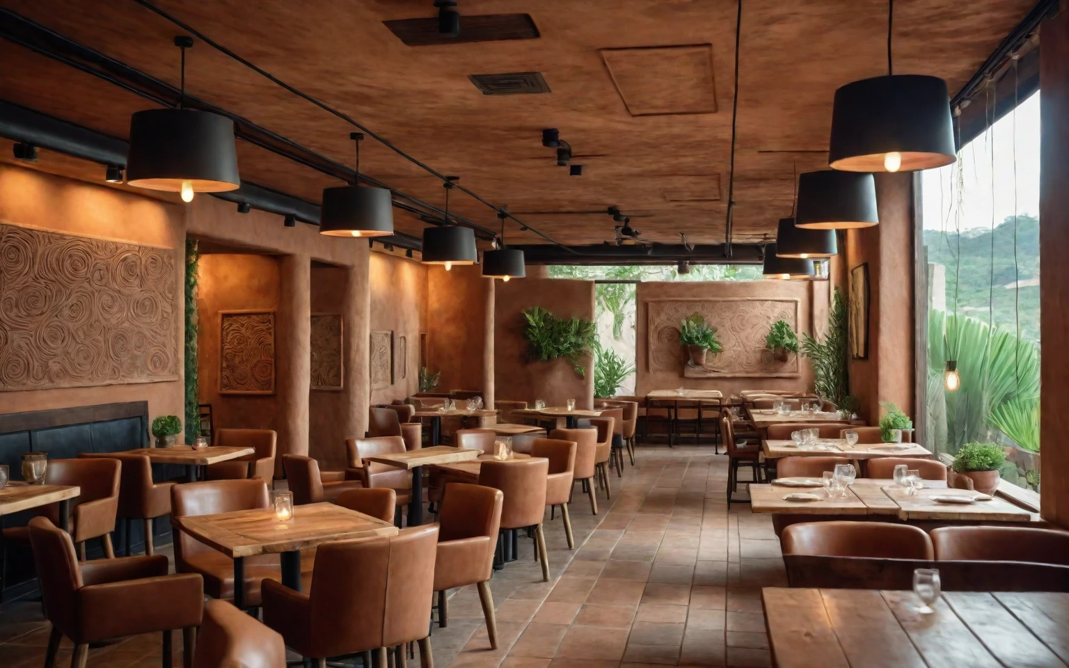 Restaurant interior, clay walls, natural clay columns, rustic wooden tables, rustic chairs, handcrafted look, natural textures, soft lighting, clay pendant lights, potted plants, greenery, cozy, welcoming, masterpiece, (realistic:1.2) 8k uhd, dslr, soft lighting, high quality