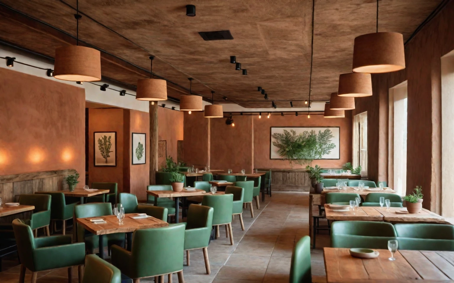 Restaurant interior, clay walls, natural clay columns, rustic wooden tables, rustic chairs, handcrafted look, natural textures, soft lighting, clay pendant lights, potted plants, greenery, cozy, welcoming,  masterpiece, (realistic:1.2) 8k uhd, dslr, soft lighting, high quality