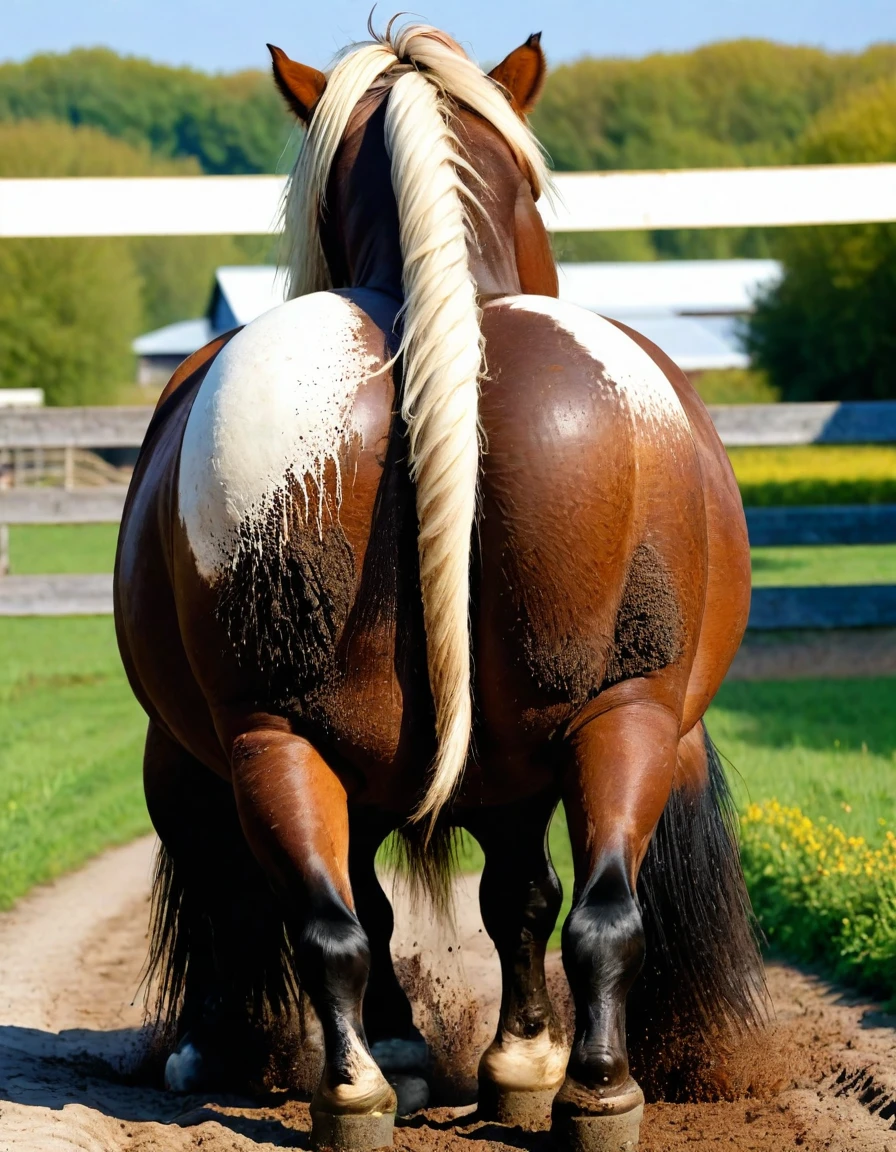 full rear view of large fat wide hairy Belgian draft horse stallion with lumps of horse dung coming out of the centre (under tail) of a big bum and sliding down legs. facing away from view point - towards horizon. wide open rectum and anus in full view full of horse dung. tail to left side. ((masterpiece)), ((best quality)), ((highres)), ((extremely detailed)), ((close shot, back view)), (super realistic) . anatomically correct. horse surrounded by lumps of steaming dung