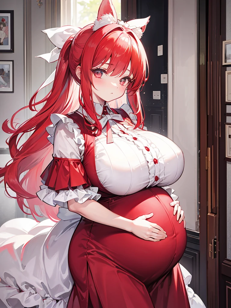 1 22-year-old girl,Red Hair, Long double ponytail, shirt, Fluffy collar, White fluffy skirt, White ribbon on hair, Lots of hair accessories, ta,(Pregnant,Huge breasts:1.8),Room