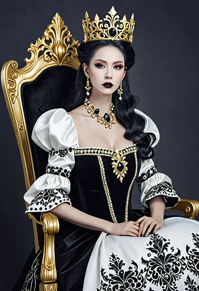 Woman wearing a black and white dress and a gold crown, beautiful fantasy empress, ((beautiful fantasy empress)), Gothic Regal, Rococo Queen (Rococo Queen), royal elegant pose, gothic princess portrait, Beautiful vampire female queen, Elegant Gothic princess, ornate cosplay, The Lovely Queen, beautiful and elegant devil queen, Guweiz masterpiece, Surreal Fantasy Tiara