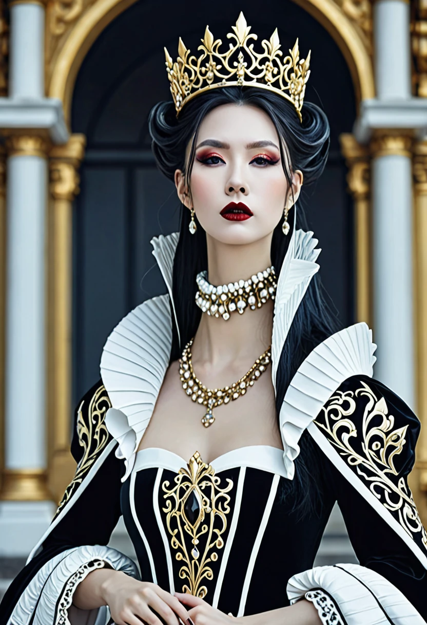 Woman wearing a black and white dress and a gold crown, beautiful fantasy empress, ((beautiful fantasy empress)), Gothic Regal, Rococo Queen (Rococo Queen), royal elegant pose, gothic princess portrait, Beautiful vampire female queen, Elegant Gothic princess, ornate cosplay, The Lovely Queen, beautiful and elegant devil queen, Guweiz masterpiece, Surreal Fantasy Tiara