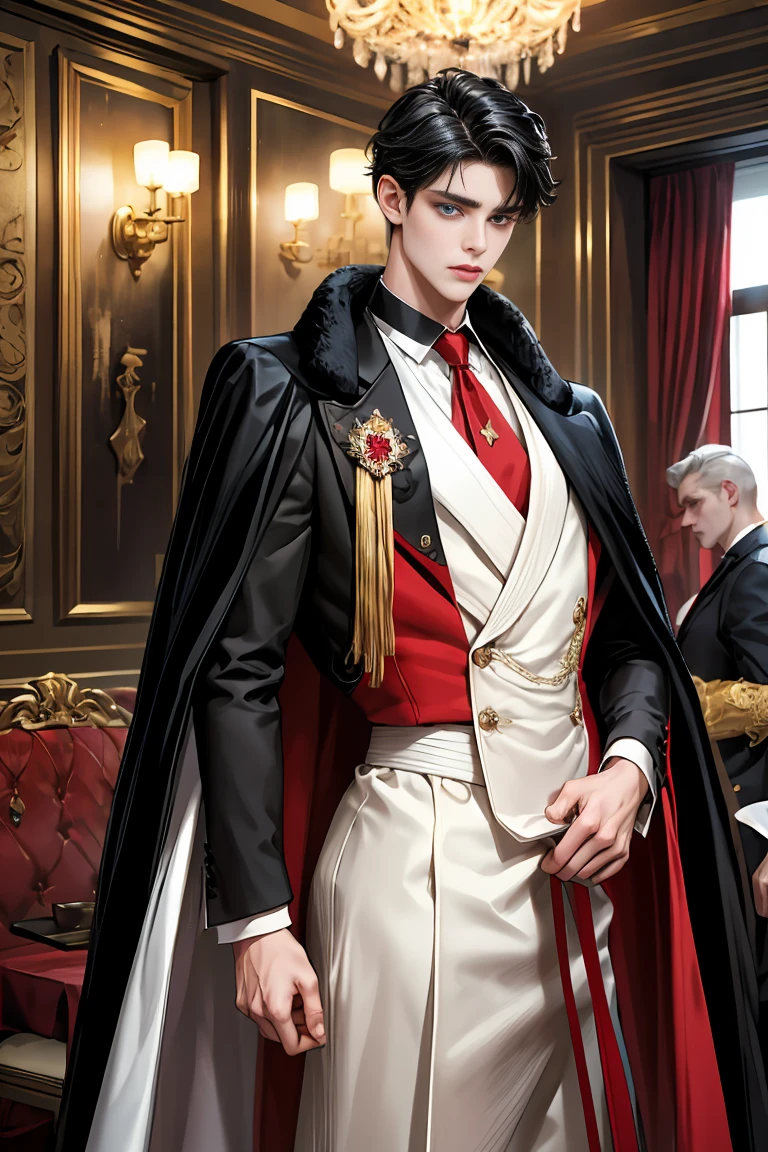 
masterpiece, 最high quality, high quality, 1 boy, alone, Male focus, Watching the audience,  Messy black hair, Adorable big blue eyes, White people, Noble, Noble,Sexy voluminous black and red cape、Tuxedo、A very voluminous, large, very large, very large, long, long red and black cape with a high stand-up collar, reaching down to the floor, made of a lot of fabric., 17 years old,Cute beautiful boys,Cute, cute, kind, handsome guy