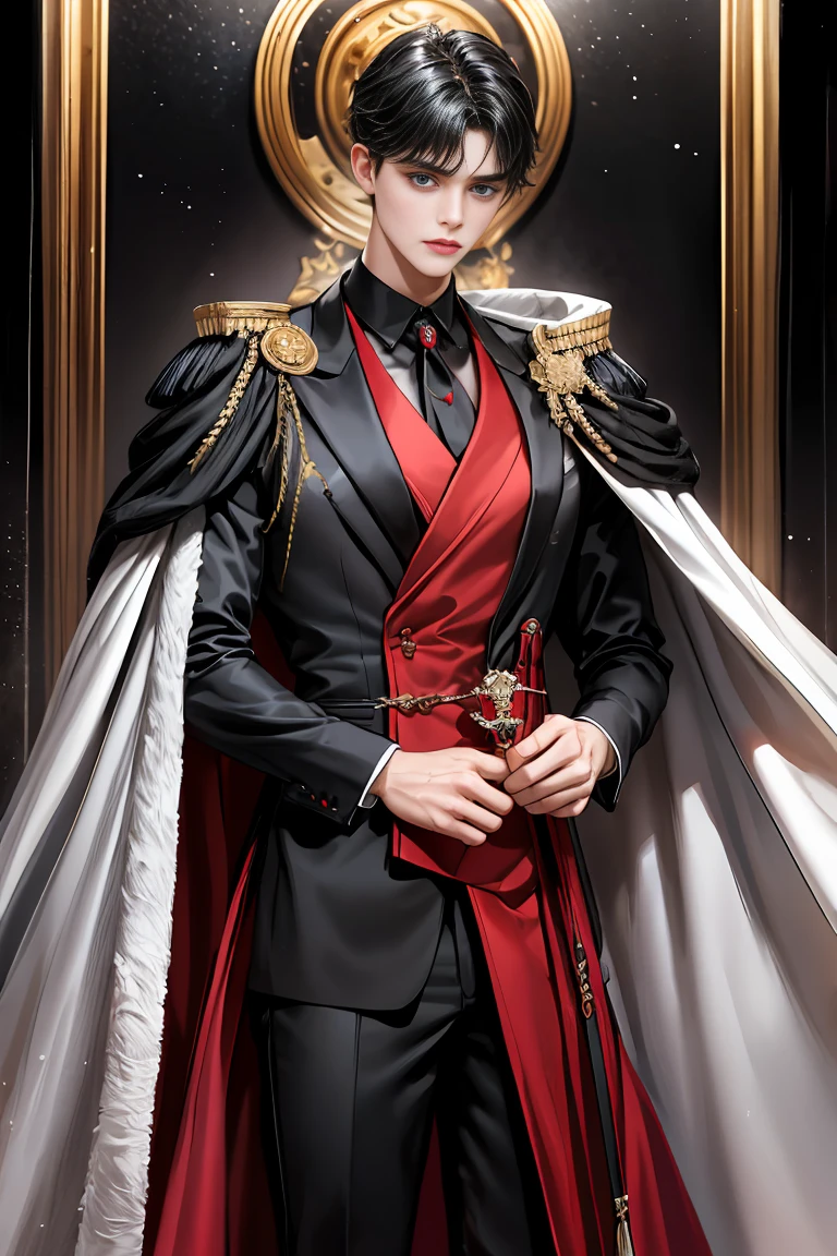 masterpiece, 最high quality, high quality, 1 boy, alone, Male focus, Watching the audience, Messy black hair, Adorable big blue eyes, White people, Noble, Noble,Sexy voluminous black and red cape、Tuxedo、A very voluminous, large, very large, very large, long, long red and black cape with a high stand-up collar, reaching down to the floor, made of a lot of fabric., ,Cute beautiful boys,Cute, cute, kind, handsome guy