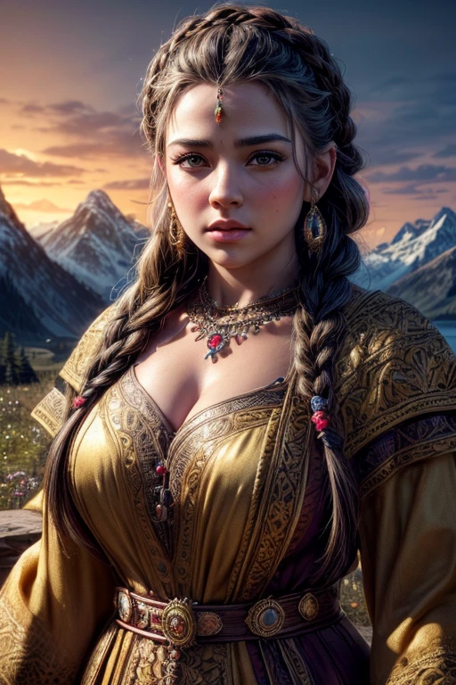 A beautiful, intricate portrait of a dwarven woman, delicate facial features, piercing eyes, full lips, intricate hairstyle with braids and jewels, wearing an ornate, detailed dress with intricate embroidery and patterns, delicate beard, set against a fantasy landscape background with mountains, forests, and a glowing sky, (best quality,4k,8k,highres,masterpiece:1.2),ultra-detailed,(realistic,photorealistic,photo-realistic:1.37),concept art, cinematic lighting, dramatic shadows, glowing warm colors, rich textures
