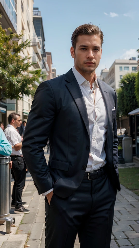 1man, suit, muscle, tall, realistic, handsome, handsome, realistic, Outdoors, blurred background, not looking at the camera