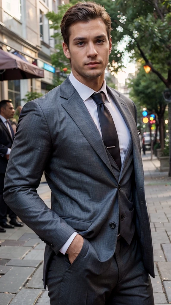 1man, suit, muscle, tall, realistic, handsome, handsome, realistic, Outdoors, blurred background, not looking at the camera