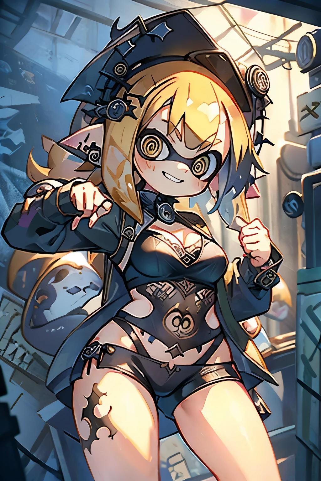masterpiece、Highest quality、High resolution、Real Anime、3d、Splatoon Girl、Golden Eyes、Multicolored tentacle hair、blush、Toothy smile、A slightly thinner face、gothic punk costume、Short jacket、Big Breasts、Cleavage、Underboob、Small waist、super low rise shorts、In front of the wall、Painted art background on the wall、Paint art on the body、Paint stained、Dynamic pose with one arm raised、Cute pose、Leaning against the wall、