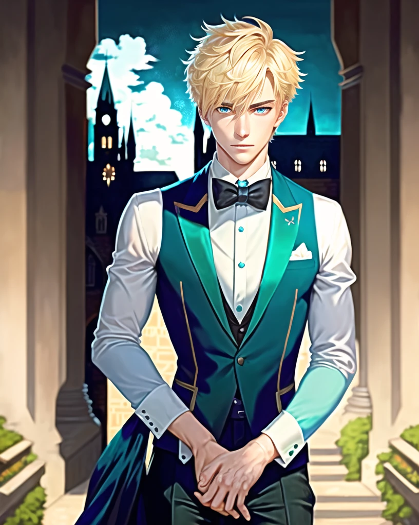 1boy, (man), manly body, anime, extremely detailed, hyper detailed, (broad shoulders), (PERFECT FACE), illustration, soft lighting, 2d, intricate, cowboy shot, detailed eyes, blonde hair, short hair, teal eyes, sexy, toned, black tuxedo, (outside), castle tower