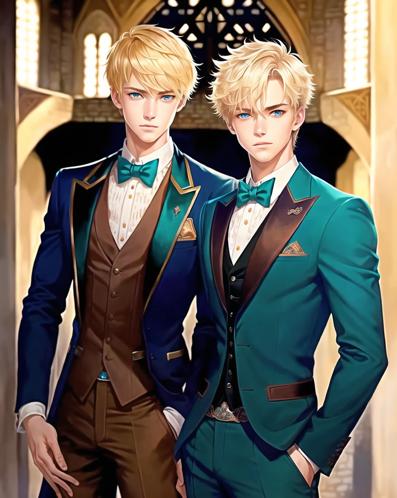 1boy, (man), manly body, anime, extremely detailed, hyper detailed, (broad shoulders), (PERFECT FACE), illustration, soft lighting, 2d, intricate, cowboy shot, detailed eyes, blonde hair, short hair, teal eyes, sexy, toned, black tuxedo, (outside), castle tower