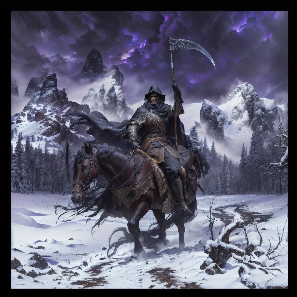 a man on a horse with a scythe in the snow, dark fantasy oil painting, hyper detailed, cinematic lighting, dramatic atmosphere, (best quality,4k,8k,highres,masterpiece:1.2),ultra-detailed,(realistic,photorealistic,photo-realistic:1.37),dramatic lighting,moody colors,dramatic clouds,snow blizzard,intricate details,epic scale,dramatic poses,powerful expression,intense shadows,dramatic fog,dramatic depth of field,dramatic contrast,rich color palette
