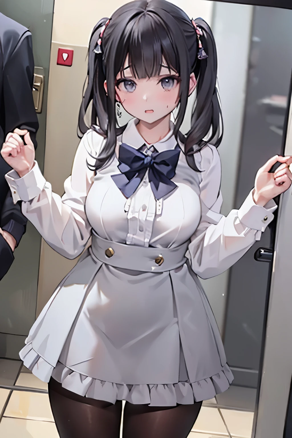 (8K、Highest quality、highest quality、masterpiece)、Detailed face、One girl、on the train、Touch the door with both hands、Press against chest、((ドアの窓ガラスにPress against chest1.4))、、short hair、、blunt bangs、Grey Eyes、、、((Blazer jacket uniform))、((Pleated skirt))、((No panties))、((bent over))、Back Alley Background、Very large breasts、Nipples are visible、、Black Pantyhose、Milk dripping from nippleilk spurting from the nipple、、、Troubled face、Love juice from the genitals、Full body portrait、Black Loafers、One man、Hearts in the eyes、Sex with a man、A man stands behind、A man grabs my waist from behind、Standing doggy style、Put your hand on the door、Exposing the breasts、Bare your breasts、pussy