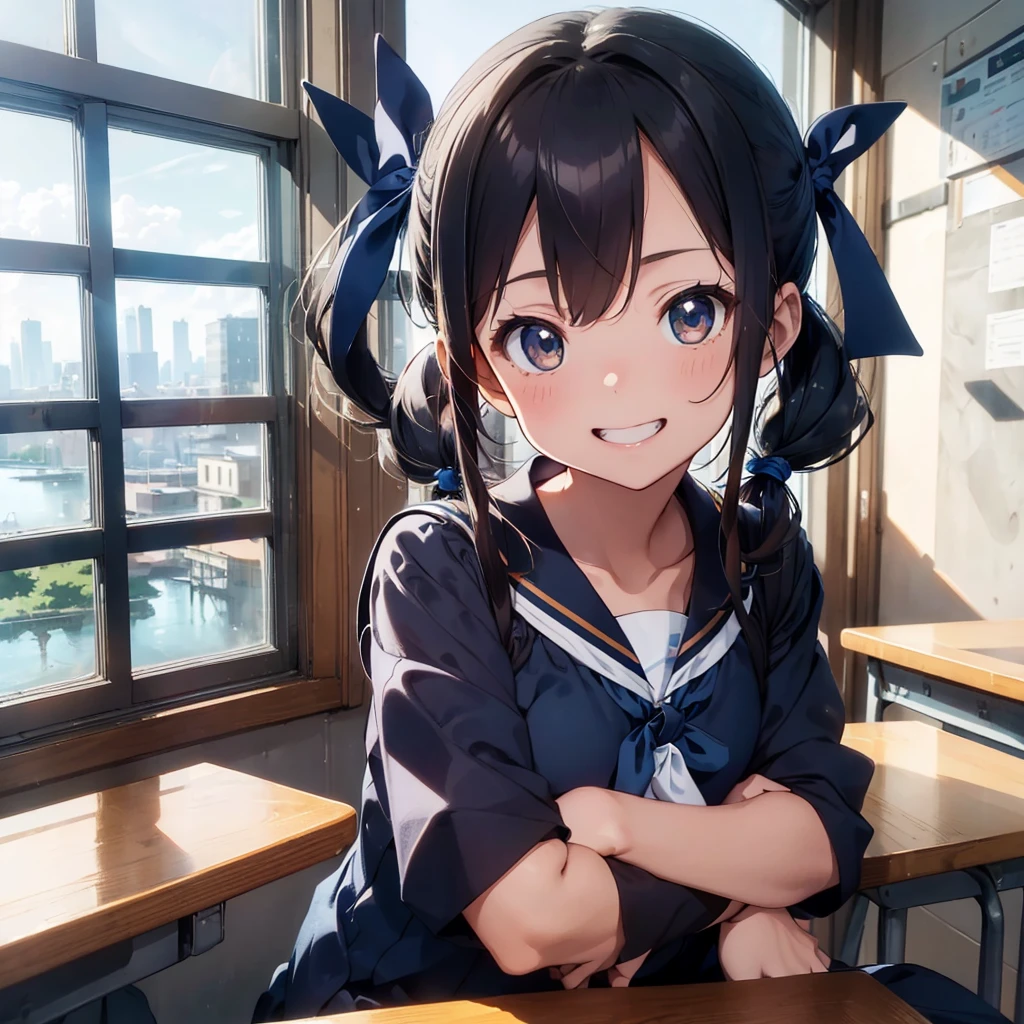 Highest quality, Very detailed, masterpiece, One Girl, Sitting in a chair Smiling, Open Mouth, 15yo, (low twintails:1.2), Low Pigtails, Black Hair, Long Hair, (Navy blue sailor suit with blue ribbon:1.4), Long sleeve, Dark brown eyes, School desk, School Chair, classroom, from the front, Close up on face, First-person view, alone, window, A small sea in the distance, distant cityscape,16 o'clock, Orange sky, anime,
