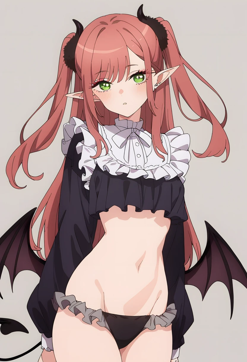 Kitagawa Marin, 1girl, red hair, two side up, long hair, green eyes, pointy ears, demon horns, navel, demon tail, demon wings, crop top, long sleeves, frilled shirt collar, frilled panties