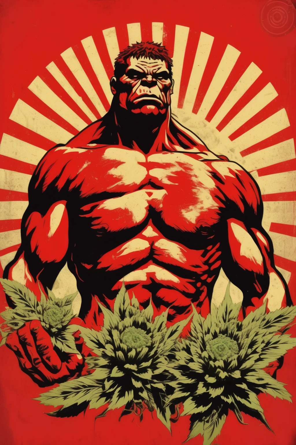 Shepard Fairey Style - a single color image of a Red hulk collective weed farmer