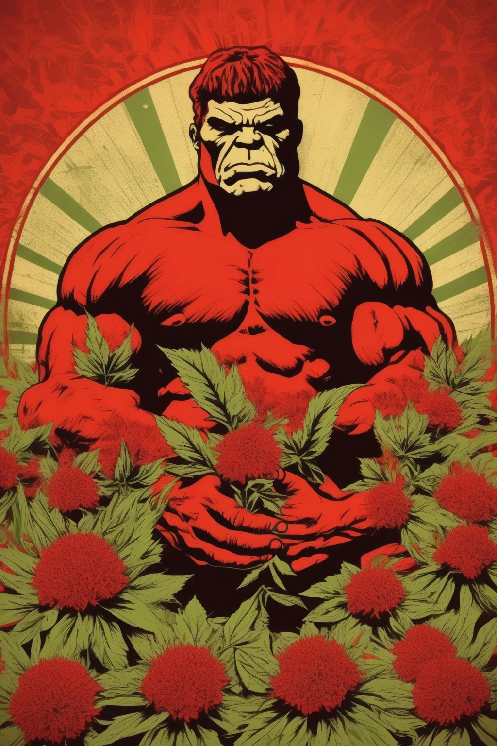 Shepard Fairey Style - a single color image of a Red hulk collective weed farmer
