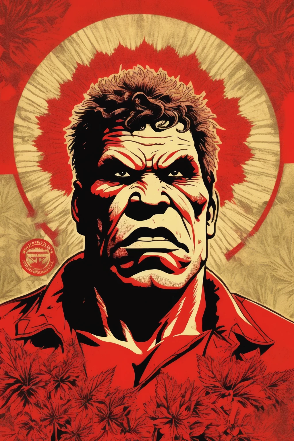 Shepard Fairey Style - a single color image of a Red hulk collective weed farmer