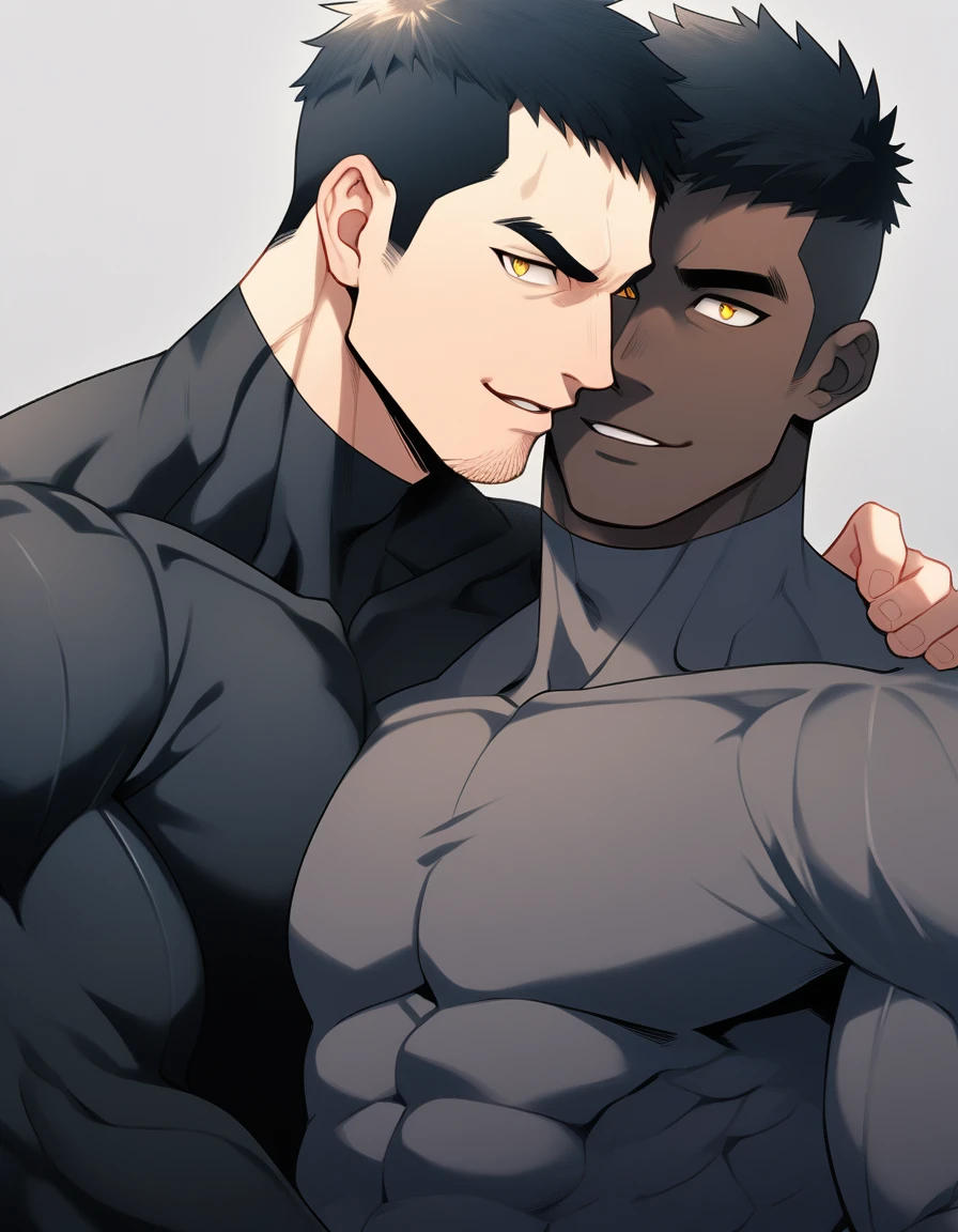 anime characters:Two superheroes in tights, Muscle superhero, negro black skin, They hugged and kissed each other, Bite your neck, Caress, Manliness, male focus, Yellow and black high collar long sleeve tight T-shirt, Slightly transparent material, Matte texture, Matte texture highlights, Very tight, Round, full and perky chest muscles, Muscle waist, Slightly transparent, muscular male, muscular, only, Upper body, alone, Black short hair, Thick eyebrows, stubble, Yellow eyes, Grey background, simple background, amazing quality, best aesthetics, Ridiculous, bright pupils, crew cut, parted lips, seductive smile, torogao, naughty face, drop shadow, best quality
