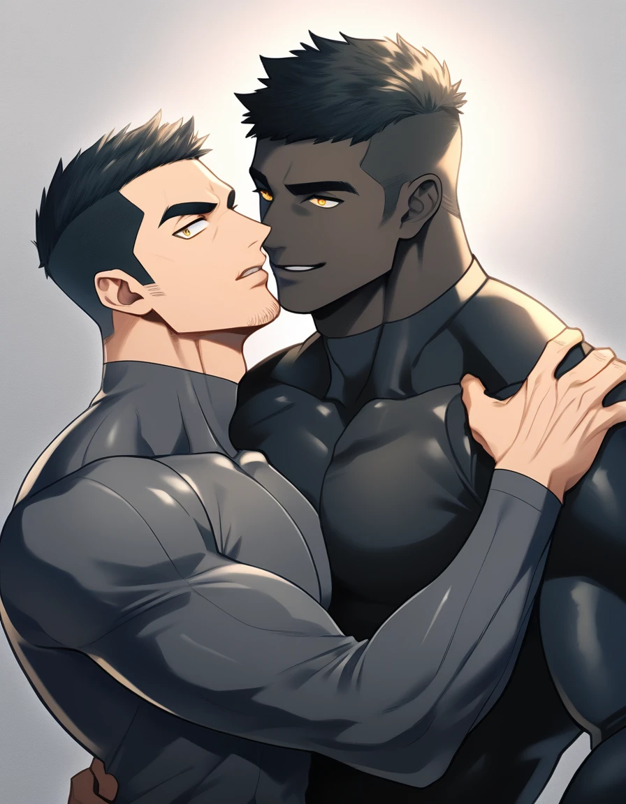 anime characters:Two superheroes in tights, Muscle superhero, black skin, They hugged and kissed each other, Bite your neck, Caress, Manliness, male focus, Yellow and black high collar long sleeve tight T-shirt, Slightly transparent material, Matte texture, Matte texture highlights, Very tight, Round, full and perky chest muscles, Muscle waist, Slightly transparent, muscular male, muscular, only, Upper body, alone, Black short hair, Thick eyebrows, stubble, Yellow eyes, Grey background, simple background, amazing quality, best aesthetics, Ridiculous, bright pupils, crew cut, parted lips, seductive smile, torogao, naughty face, drop shadow, best quality
