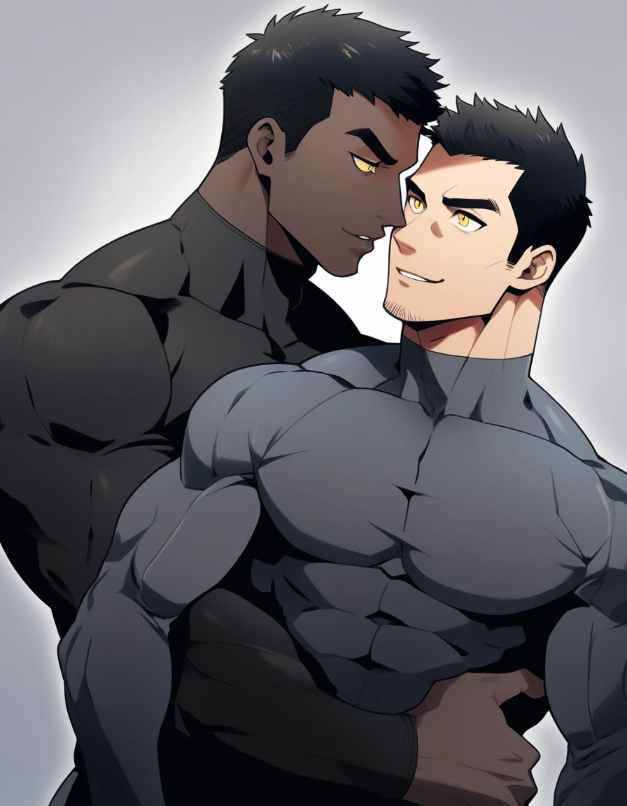 anime characters:Two superheroes in tights, Muscle superhero, negro black skin, They hugged and kissed each other, Bite your neck, Caress, Manliness, male focus, Yellow and black high collar long sleeve tight T-shirt, Slightly transparent material, Matte texture, Matte texture highlights, Very tight, Round, full and perky chest muscles, Muscle waist, Slightly transparent, muscular male, muscular, only, Upper body, alone, Black short hair, Thick eyebrows, stubble, Yellow eyes, Grey background, simple background, amazing quality, best aesthetics, Ridiculous, bright pupils, crew cut, parted lips, seductive smile, torogao, naughty face, drop shadow, best quality