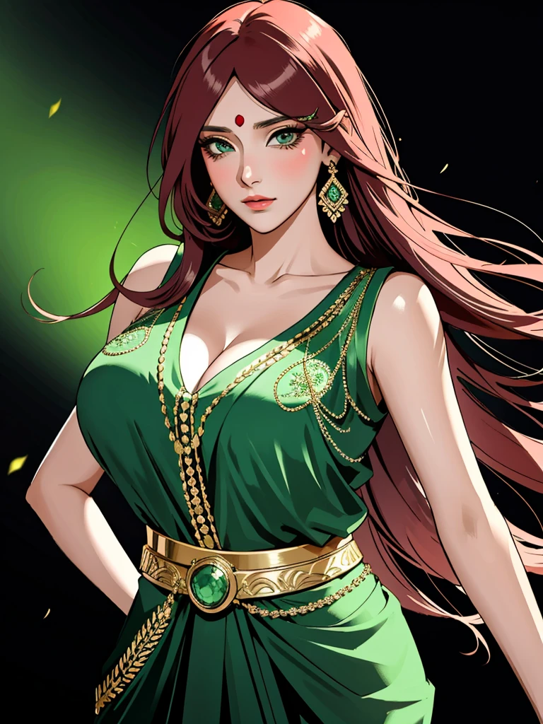 Uzumaki_kushina, lots of jewellery, black silk blouse and light green saree, amazing makeup, beautiful face, kind eyes, intricate dance, traditional look and dance,huge breasts, cleavage,off shoulder dress