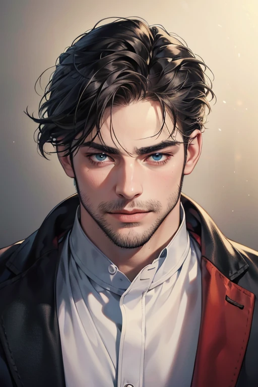 (best quality,4k,8k,highres,masterpiece:1.2),ultra-detailed,(realistic,photorealistic,photo-realistic:1.37),30 year old man,3 day beard,handsome anime,portraits,strong,masculine,dark hair,sharp jawline,mesmerizing eyes,perfectly styled hair,cool anime outfit,confident expression,vibrant colors,dynamic lighting, CEO and expression smile in love.