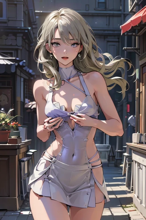 (Curve,Model,glamor:1.5),Beautiful breasts,(from below:1.2),(from side:0.9),18 year old beautiful girl,Purplish blue eyes that dreamers desire,(Blonde hair) , small stature, ,Lori,(masutepiece:1.2, Best Quality),(finely detailed beautiful eye: 1.2),(beautifull detailed face),(perky chest:1.1),(pointed chest:1.2),(cakes magazine cover:1.5),(Best Illumination, extremely delicate and beautiful),sexy pose,make a cocktail , in a bar counter,Ultra Contrast,Braid a little around the ears, White long dress, (very detailed),(Raw photo, highest quality),(realistic, Photoreal:1.3), high detail, very detailed complex 3D rendering of face, (very detailed skin:1.2), dynamic angle, fire glow effect, professional lighting, side light, cinematic light, a super high resolution, 8K , best shadow, particles of light, Fine skin texture, detailed face, intricate details, Super detailed, shine, Please reconsider, full body,, beautiful face, shiny skin, thin, nice companion, delicate body, thin legs, naked apron, ((crawl on all fours:0.4)), beautiful back, butt, turn around, A picture from a little behind, bend the body, the skirt is floating in the wind, Dark purple panties, thin Pubic hair ,(with sparkling eyes and a contagious smile), open mouth, highest quality, high resolution, Real World, Natural light, perfect Natural Light,