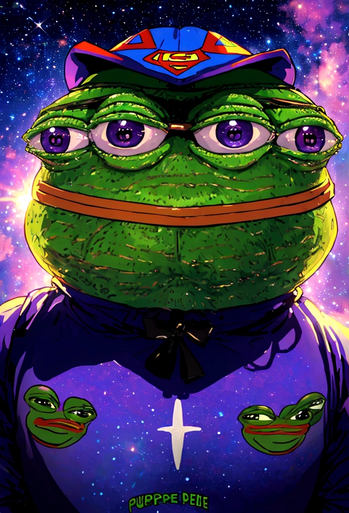 portrait of purple super hero pepe with purple skin,, wearing superman outfit with big H in middle , a starry night sky background, (((pepe_frog))),,detailed portrait, (best quality,8k,highres,masterpiece:1.2),ultra-detailed,digital painting,vibrant colors,dramatic lighting,fantasy,surreal, pepe the with purple skin, hedgehog with big mucles, hedgehog, supe hero, superman, pepe the frog, as super hero pepe_frog, high qulity (((PepeFrog)))