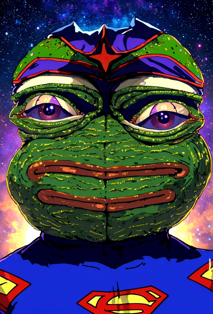 portrait of purple super hero pepe with purple skin,, wearing superman outfit with big H in middle , a starry night sky background, (((pepe_frog))),,detailed portrait, (best quality,8k,highres,masterpiece:1.2),ultra-detailed,digital painting,vibrant colors,dramatic lighting,fantasy,surreal, pepe the with purple skin, hedgehog with big mucles, hedgehog, supe hero, superman, pepe the frog, as super hero pepe_frog, high qulity (((PepeFrog)))