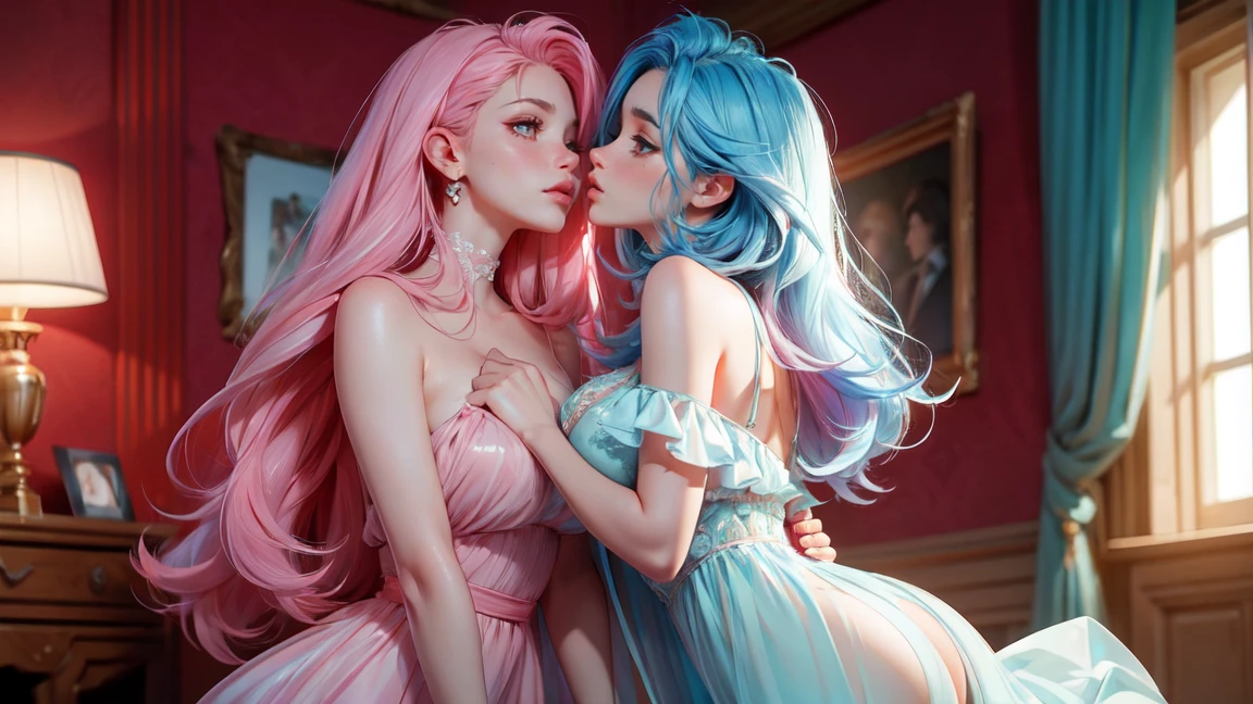 Best Quality, Masterpiece, Portrait, Perfect Anatomy, Femininity, Cool, Flawless, , Solo, Sexy, Stylish, Mature, Long Light pink Hair, Mole Above Lip, Red Lipstick, Big Breasts, Kissing Another Girl with Light blue hair,against the background of the room, in transparent dresses, add brightness