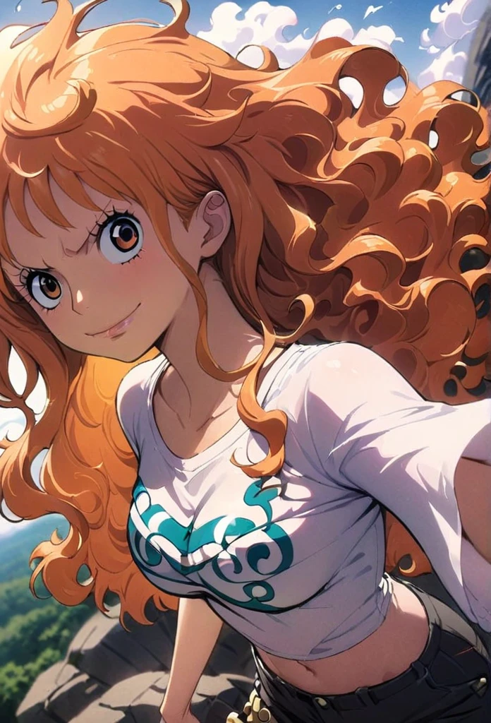 masterpiece, best quality), intricate details, 1 girl, woman, orange hair, nami \ (one piece\), (long hair), shirt, ((white shirt, black pant, black court)) female focus, nature, scenery, upper body, ((front view)) ((close up shot)) ((solo)) ((hair over one eyes)) detailed, very high resolution, no blurry image, full body, orange eyes, sligh wavy hair, ((nami from one piece)) ((female nami from one piece))((front view))